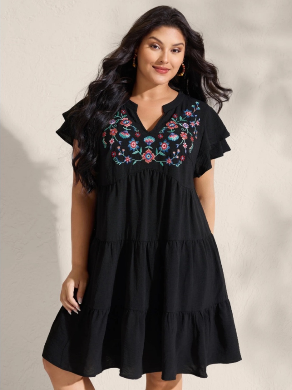 BloomChic Black Tiered Dress with Multicolor Floral Embroidery